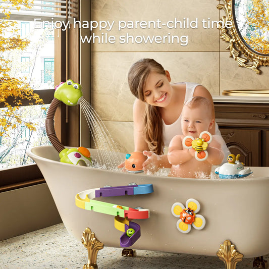 Baby bath with wind up spinning toys
