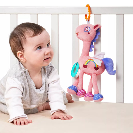 Baby girl's pink horse rattle and teether