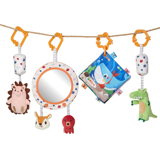 Baby toy set with tummy time mirror and plush rattle