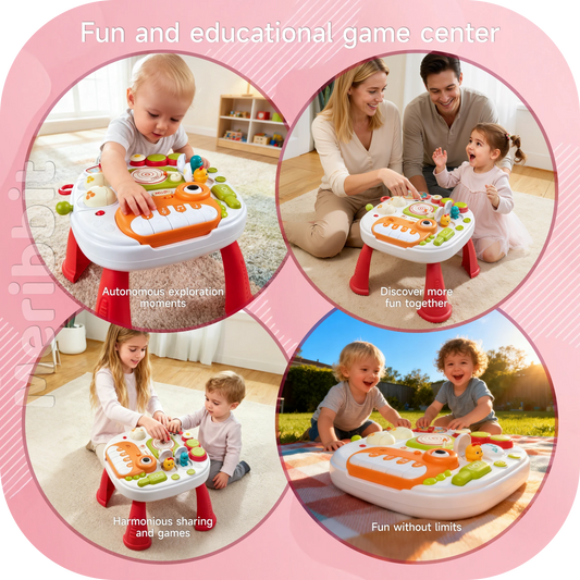 Baby learning activity table shown in four play scenes — solo exploration, parent-child play, sibling interaction, and outdoor fun; educational toy promoting creativity, sharing, and sensory development.