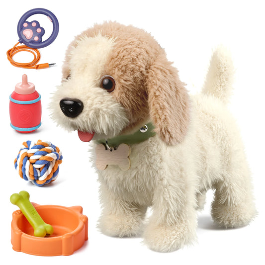 Fluffy battery-operated toy dog with beige ears and cream body wearing a green collar with a wooden bone tag, shown alongside its accessories: a purple paw-print remote control on an orange cable, a red toy bottle, a blue-orange-white rope ball, and an orange dog bowl with a green bone-shaped toy.