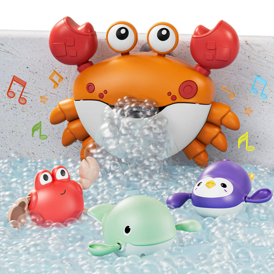 Bubble machine with 3 wind-up toys for toddler bath fun