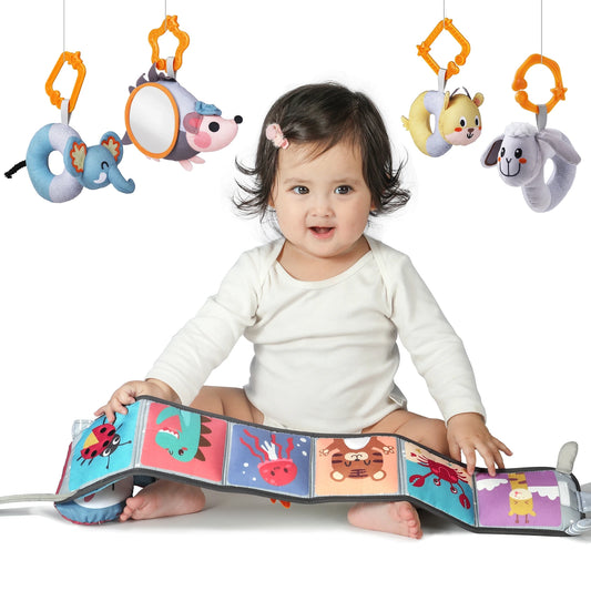 Cloth book, animal rattles, and mirror toy for newborns' development