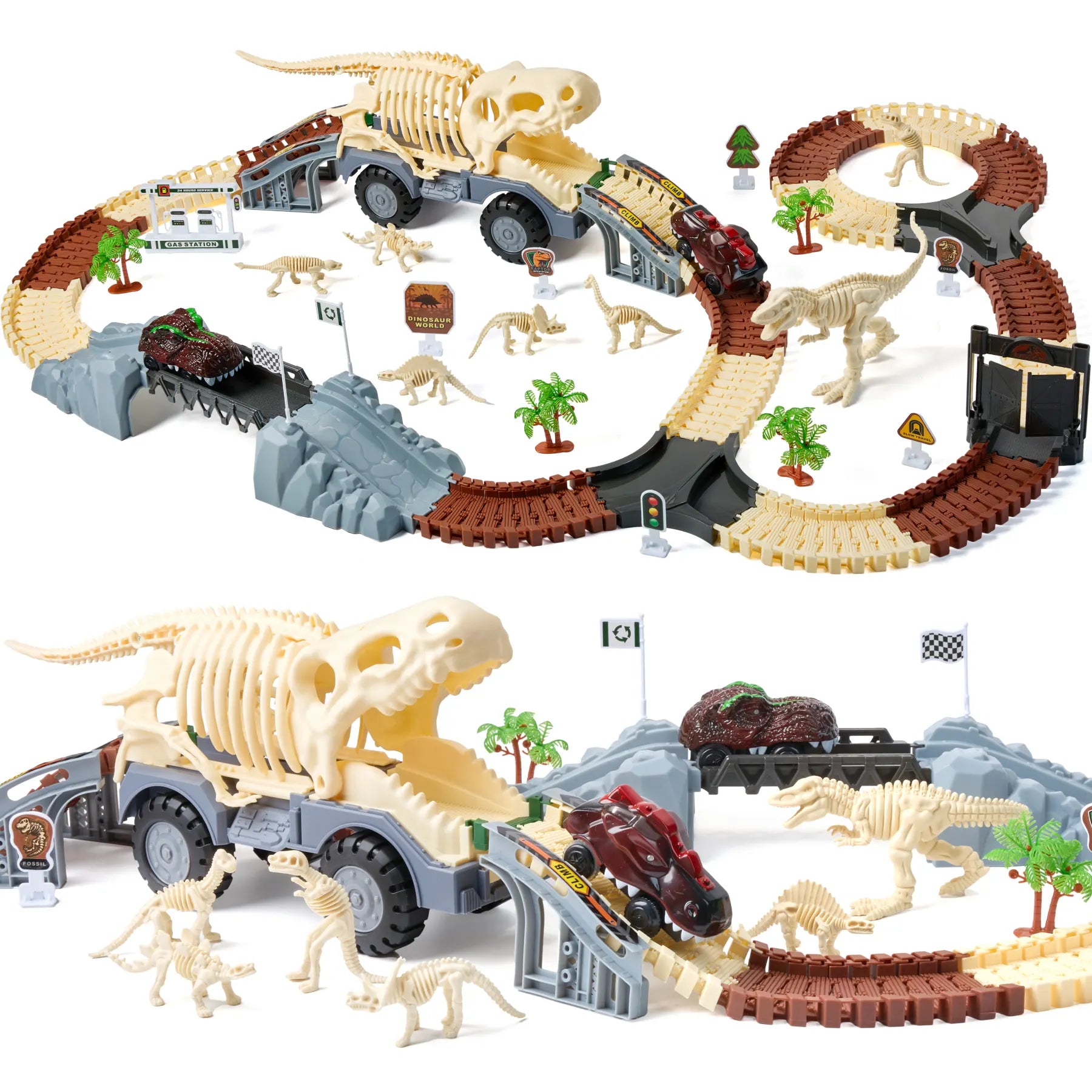 Esun Autorennbahn 289 Stück Rennstrecke Dinosaurier Spielzeuge Flexible Zugbahnen, (Set, 289-tlg), mit 2 dino auto, Geschenk Junge Mädchen 3 4 5 6 Jahre, Rennbahn, Spielzeug-Rennbahn