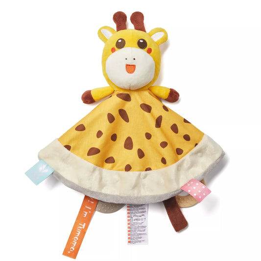A cute giraffe baby security blanket with a plush giraffe head and arms, yellow spotted body, soft edging, and colorful tags attached at the bottom.