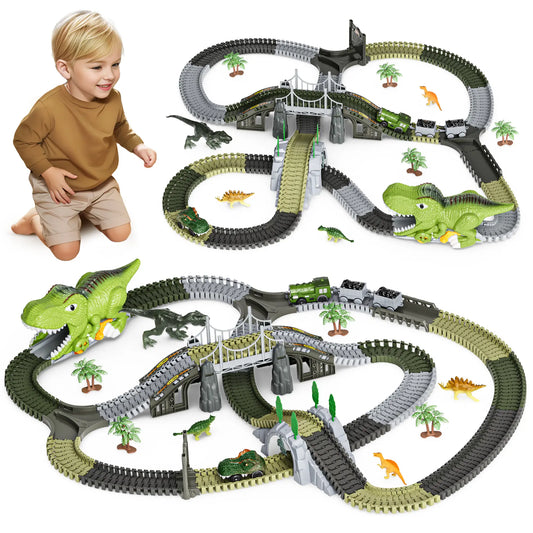 Dinosaur toys race track, 281 Pcs dinosaur train toys flexible train tracks with dinosaurs figures, electric cars, playset for toddler kids 3 Years+