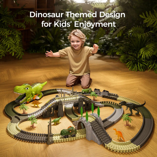 Dinosaur toys race track, 281 Pcs dinosaur train toys flexible train tracks with dinosaurs figures, electric cars, playset for toddler kids 3 Years+