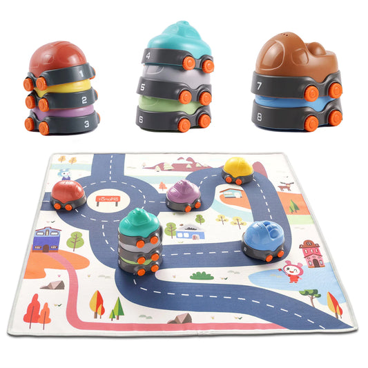Stacking car toy with interactive playmat for learning