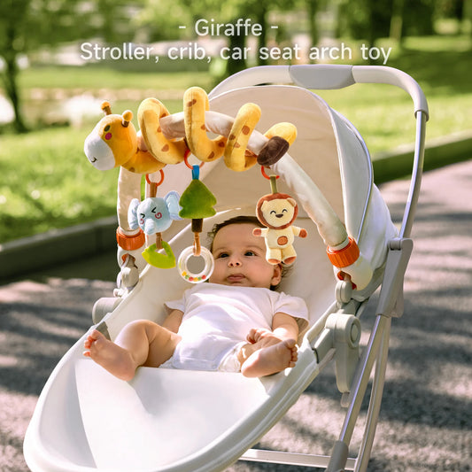Stroller arch featuring giraffe, elephant, lion for baby's sensory play