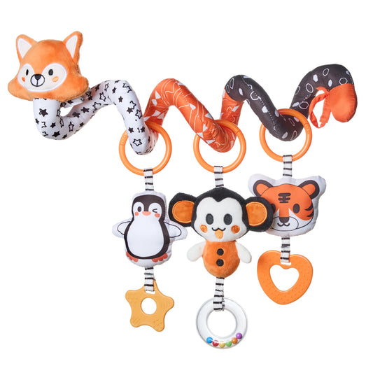 Cute fox spiral toy fixed on the car seat, baby is playing with the plush toy hanging from the spiral toy