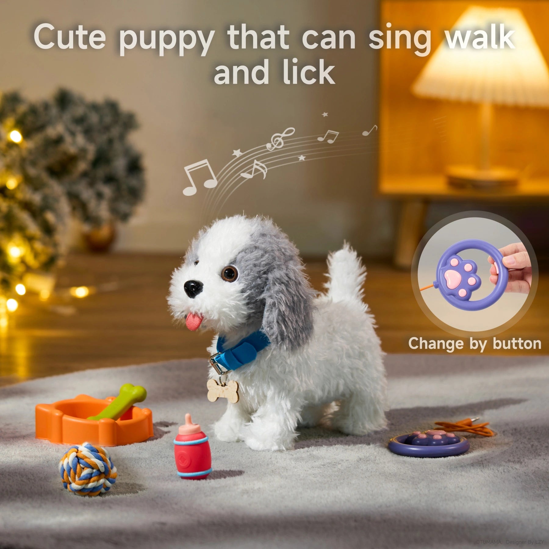 Walk, bark, sing, lick features in realistic dog toy set for kids