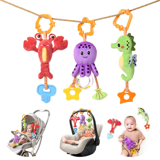 Hanging plush rattle toy for crib, stroller and car seat