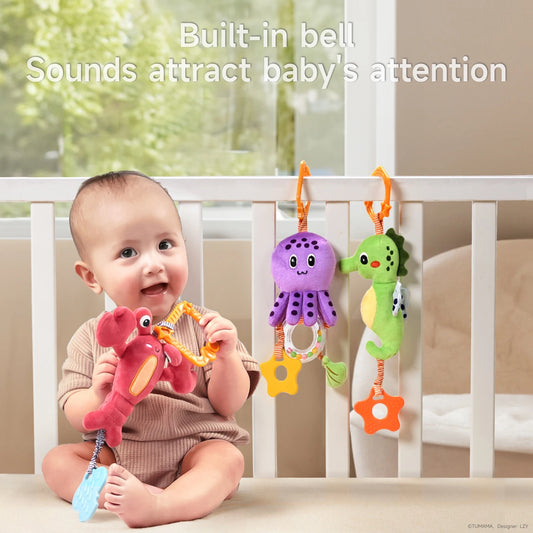 Baby toy, hanging plush toy for crib stroller car seat, baby soft rattle teether seahorse octopus lobster toy set for newborn infant 0 Month+