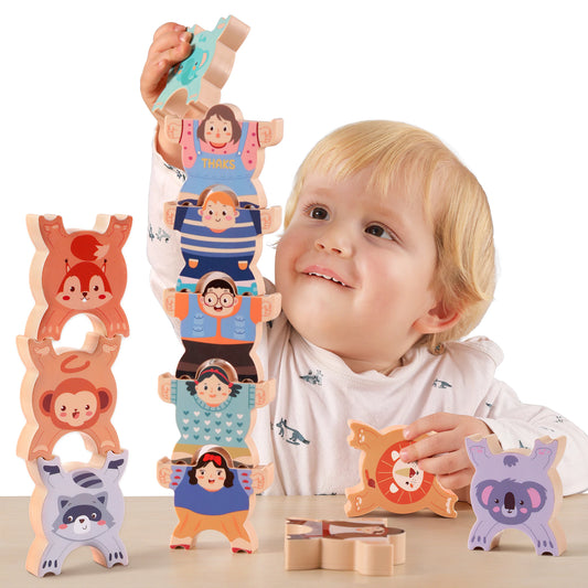 Creative play with stacking animals figures building blocks