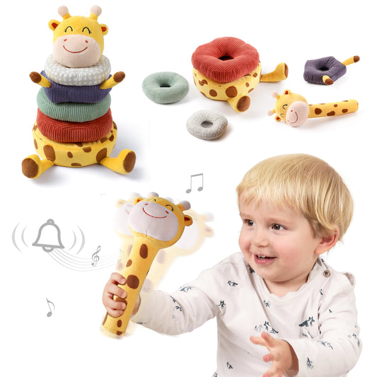 Plush giraffe stacking toy for baby's sensory play