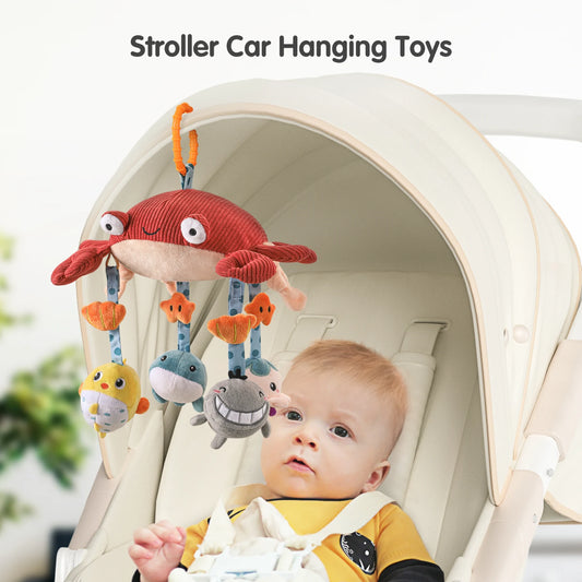 Baby toy crab hanging plush toy, crib car seat stroller cot travel toy with mirror mobile soft rattle toy for baby infant 0 Month+