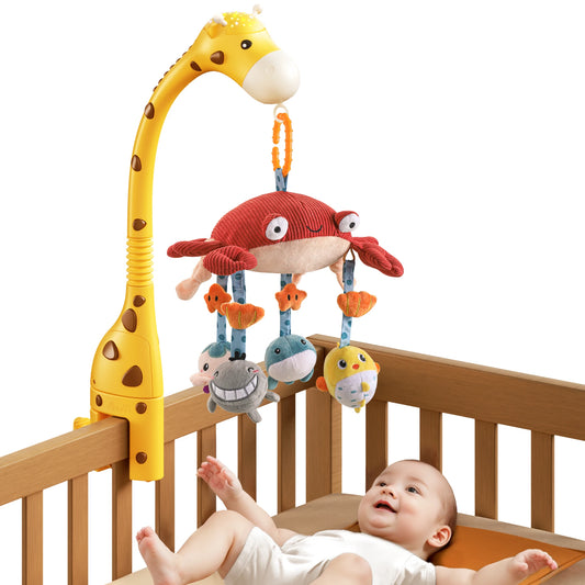 Baby mobile with Bluetooth hanging from crib
