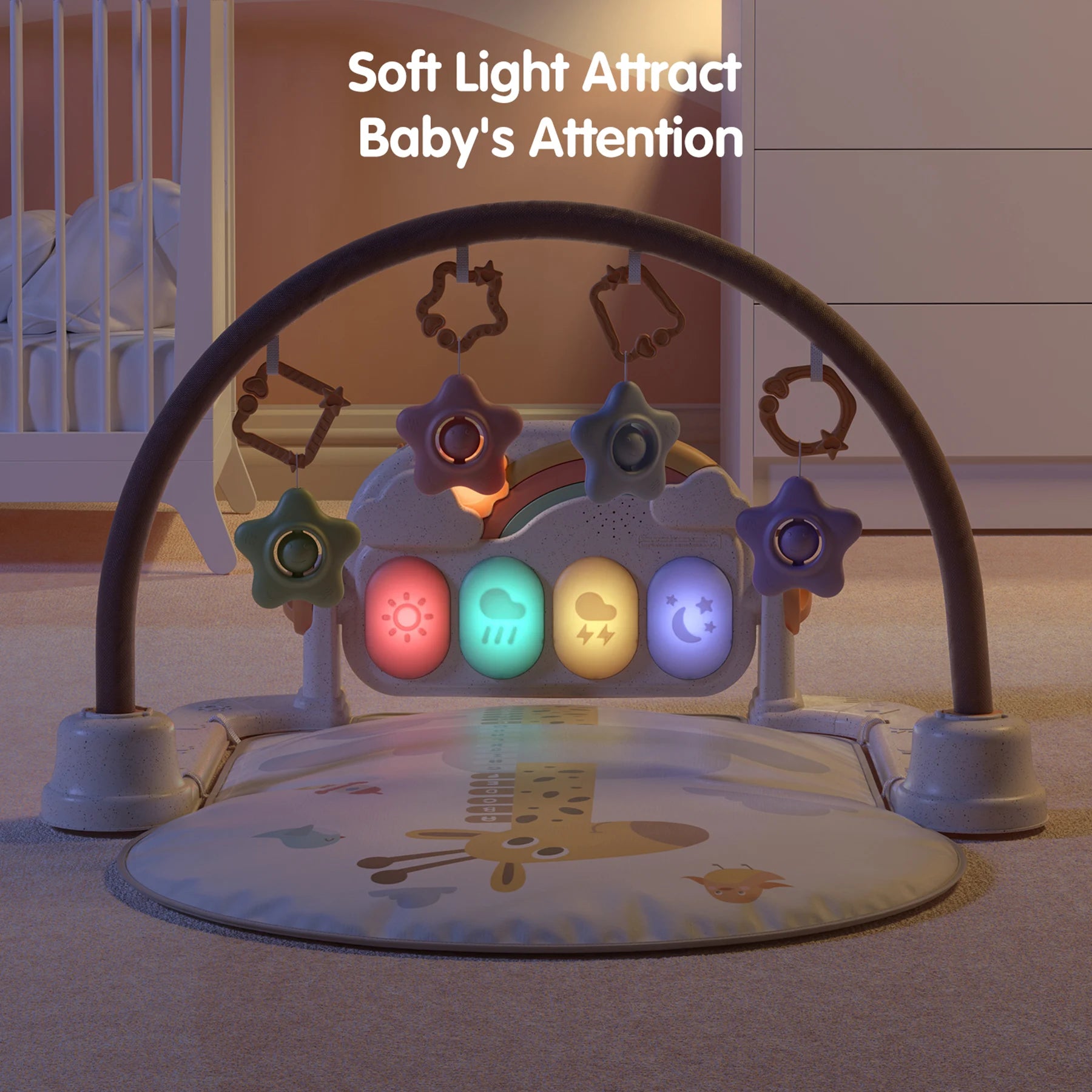 Baby play mat with giraffe print, featuring an arch with star-shaped hanging toys and softly glowing multicolored light-up buttons, set in a dimly lit nursery to attract baby's attention.