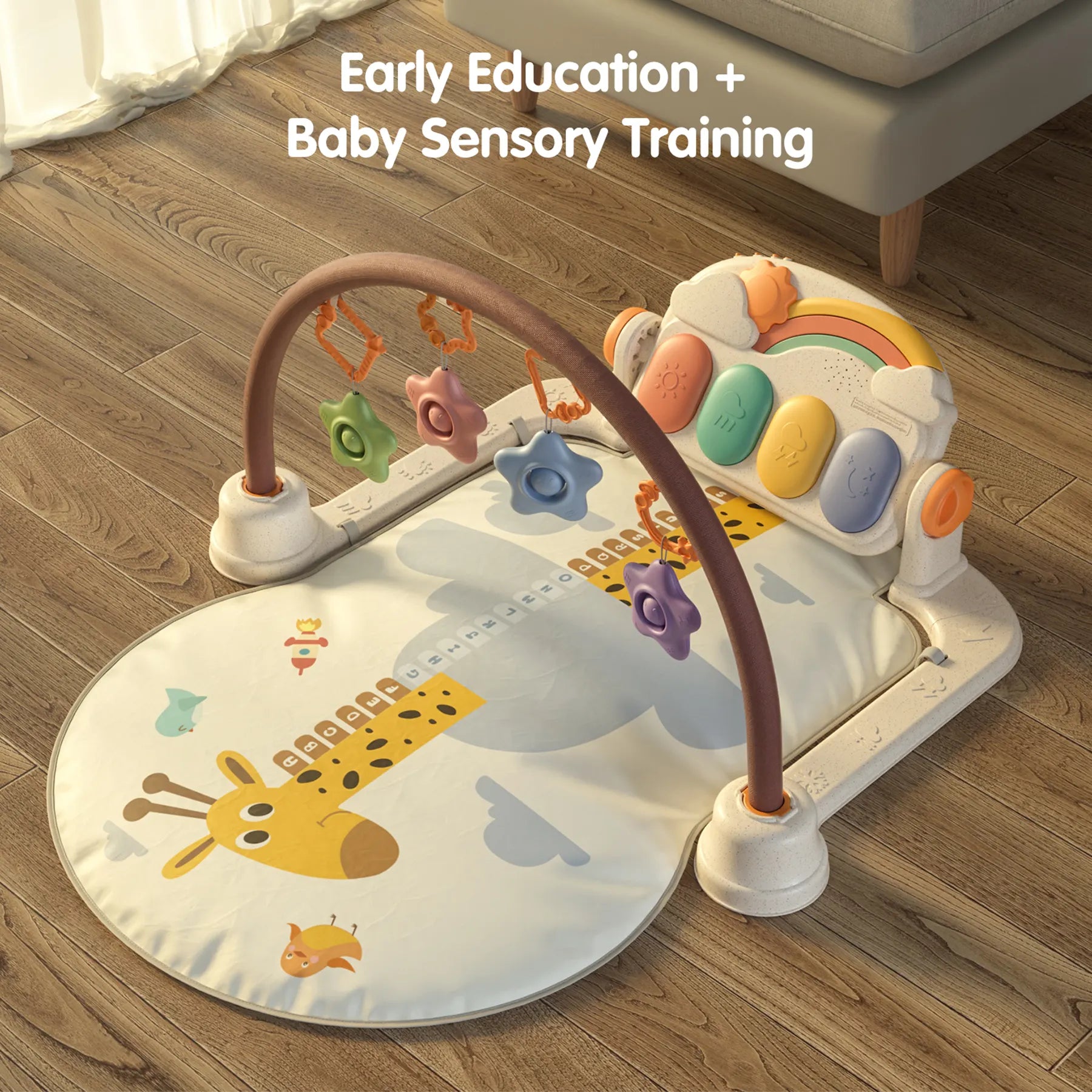 Baby play gym for early education and sensory training featuring a giraffe-themed cushion, colorful hanging toys, and musical buttons, placed in a cozy living room setting with natural sunlight.