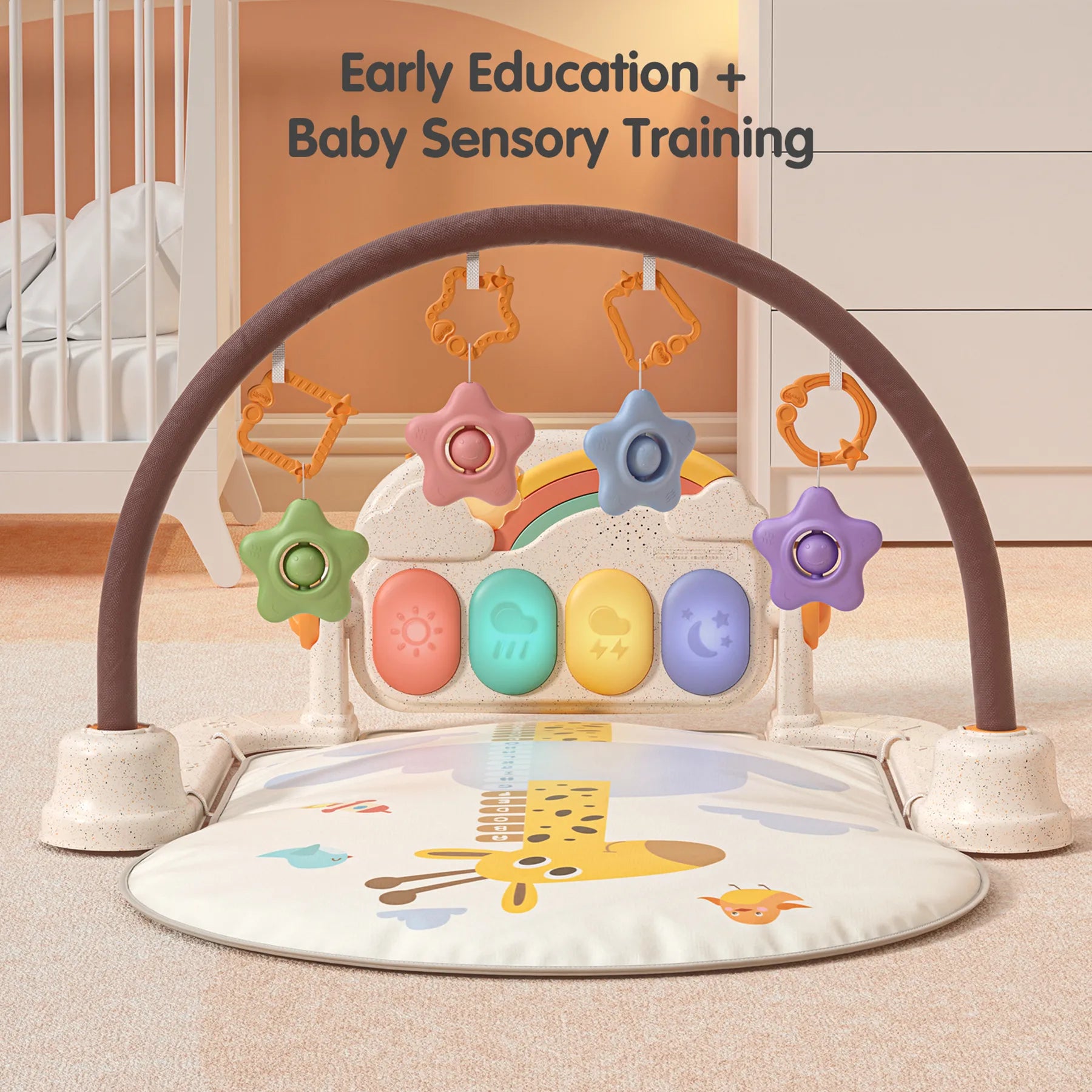 Baby sensory play gym with soft giraffe-themed mat, colorful star-shaped hanging toys, and illuminated musical buttons, designed for early education and sensory development in a cozy nursery setting.