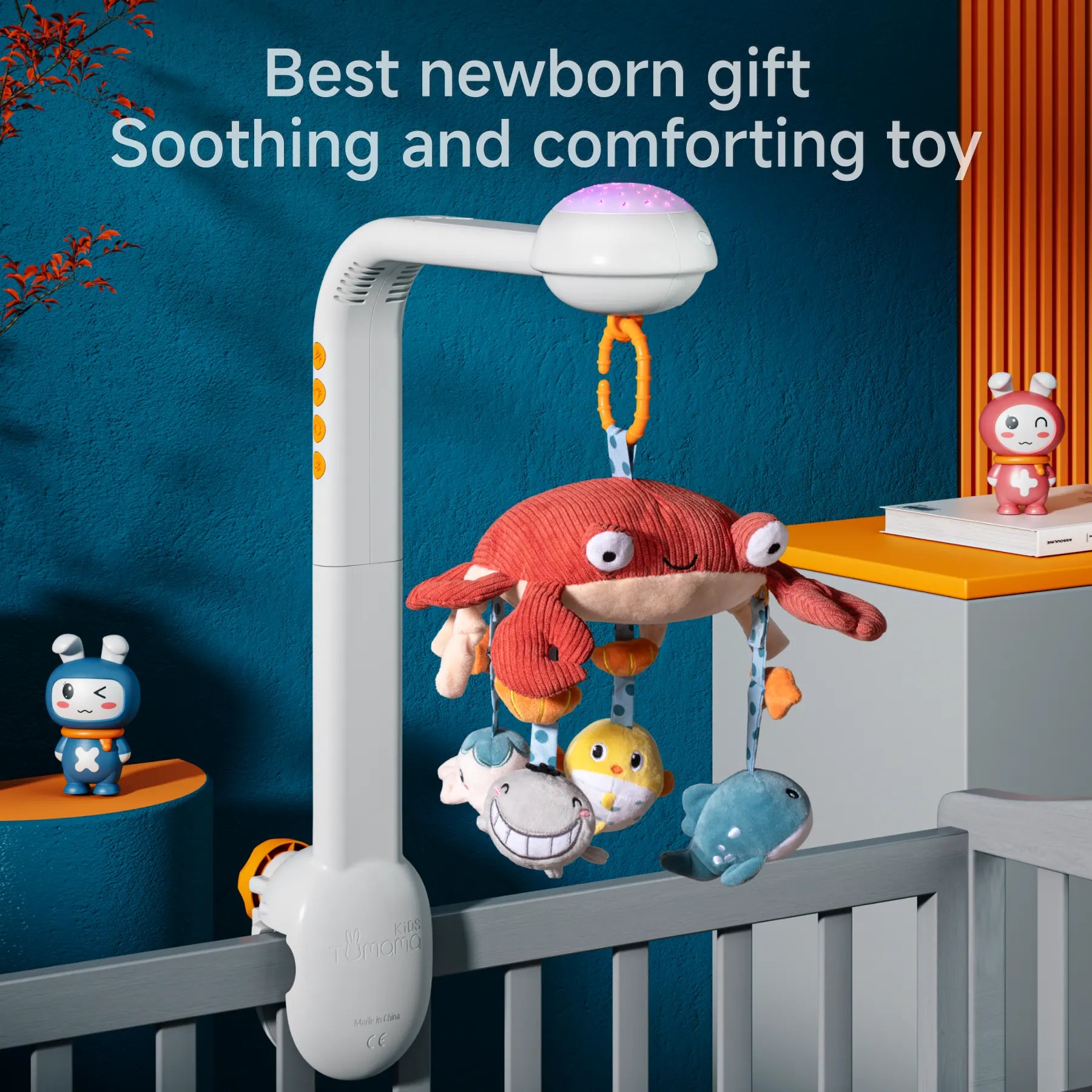Plush crab-themed baby crib mobile with hanging sea animals and soft glowing lights, installed on a crib against a cozy blue nursery wall. Promoted as the best newborn gift, this soothing and comforting toy plays music to help calm babies and enhance their sensory development.