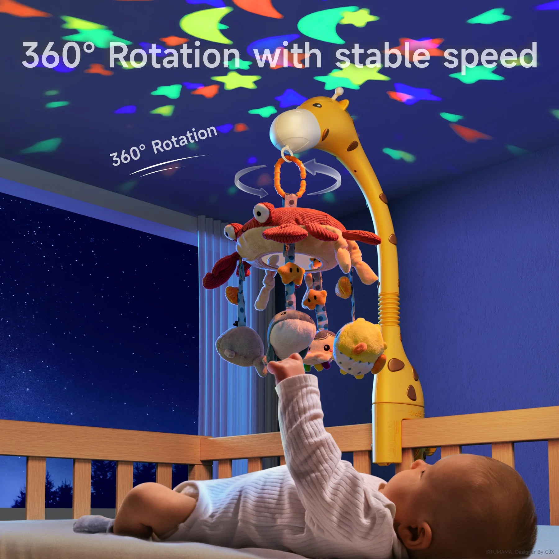 Baby lying in crib at night, reaching toward a rotating plush sea animal mobile hanging from a giraffe-shaped arm, with colorful star and moon light projections on the ceiling.