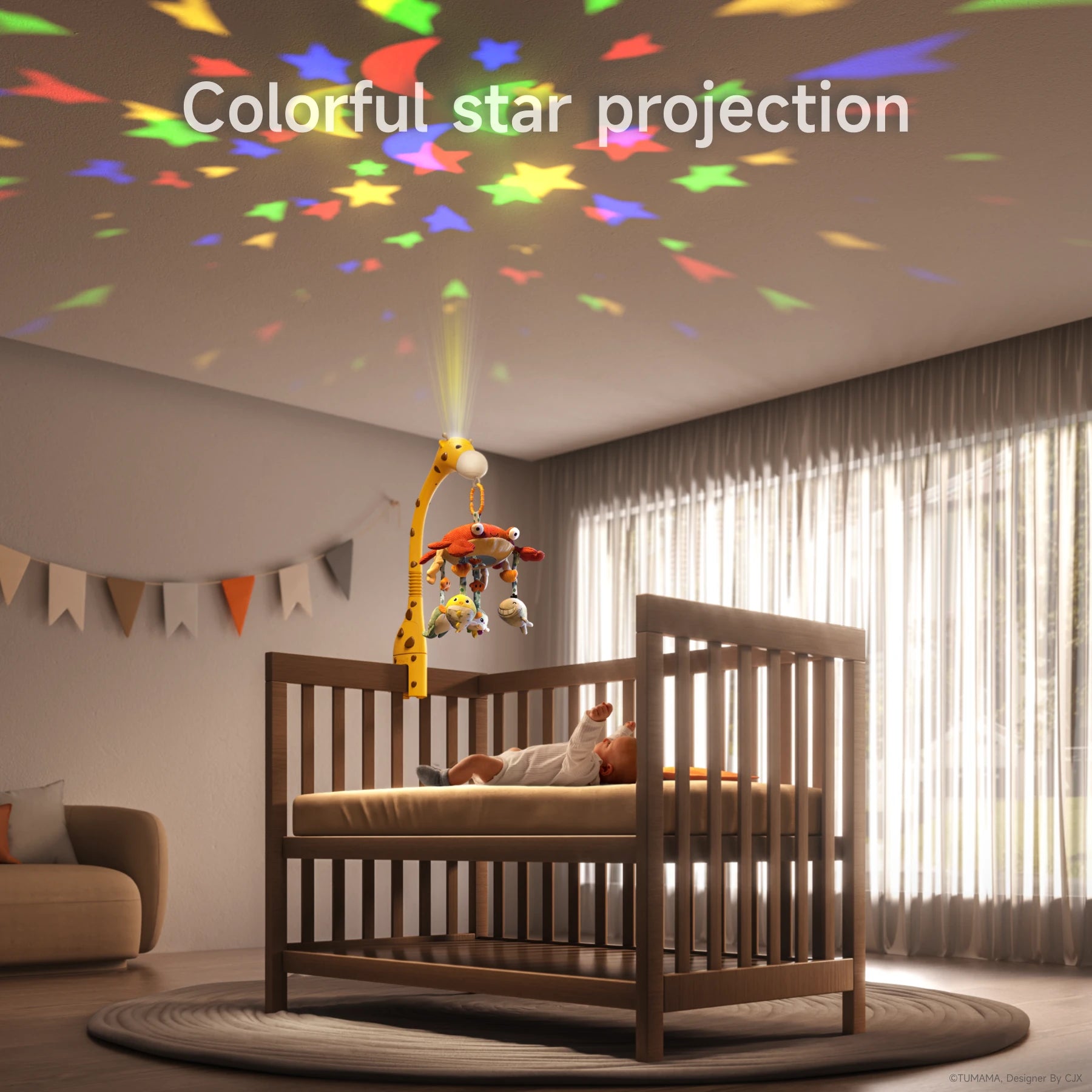 A baby lies in a wooden crib looking up at a colorful mobile shaped like a red crab, which is attached to a yellow giraffe-shaped arm. The mobile projects multicolored star shapes onto the ceiling, creating a soothing nighttime atmosphere. Sunlight streams in through large curtains, and decorative bunting hangs on the wall.