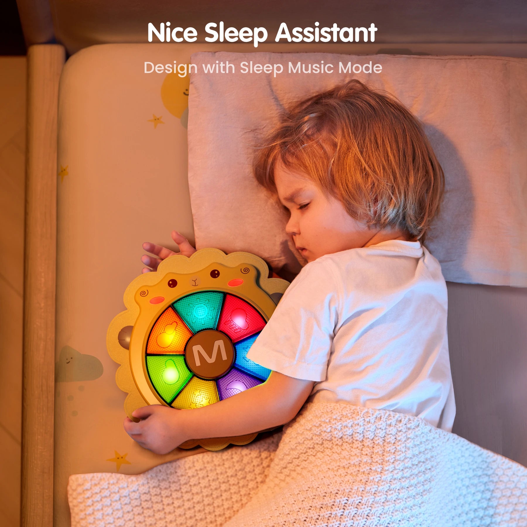 Child sleeping peacefully in bed while holding a sheep-shaped baby musical drum toy with glowing colorful lights. The toy features a sleep music mode, acting as a soothing sleep assistant to help children relax and drift into sweet dreams.