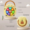 Front and back view of a sheep-shaped baby musical drum toy with colorful light-up buttons. Labels highlight key features including portable handle, cycle/next song, previous song/pause, key tone, music mode, accompaniment sound switching, volume control, and battery compartment powered by 3 AA batteries.