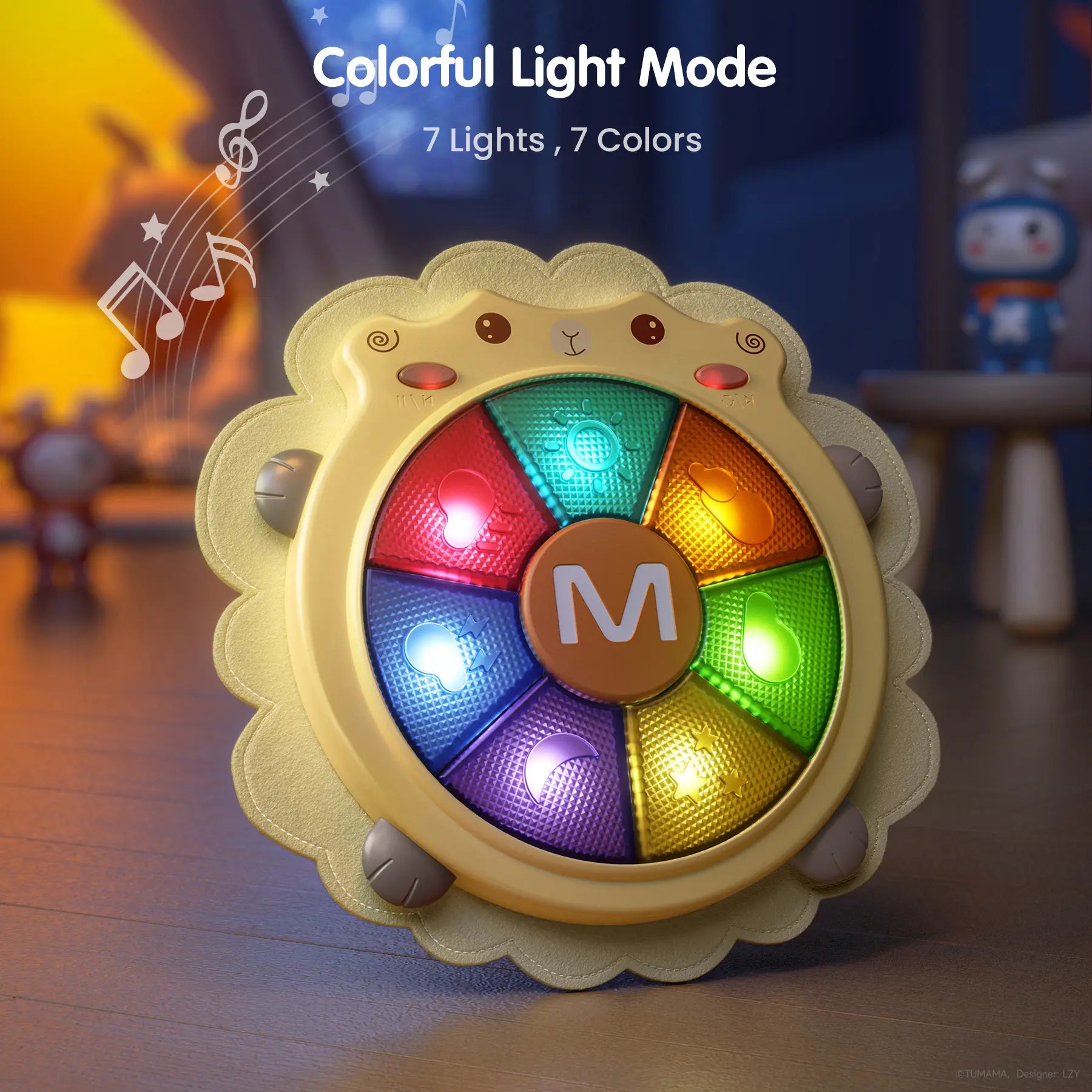 Sheep-shaped baby musical drum toy glowing in a darkened room with 7 colorful lights (red, blue, purple, green, yellow, and orange). The text highlights "Colorful Light Mode" with 7 lights and 7 colors, creating a fun and soothing playtime or bedtime atmosphere for children.