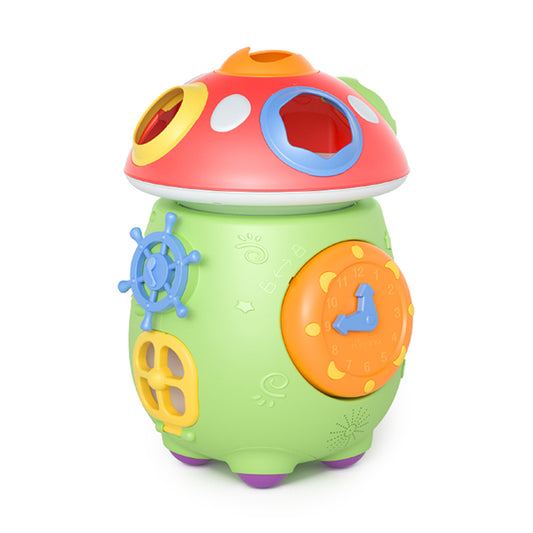 Colorful mushroom-shaped baby musical shape sorter toy featuring lights, a learning clock, shape sorting holes, and small windows and doors—designed for early childhood education and motor skill development.