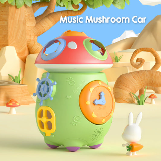 Colorful mushroom-shaped musical toy for babies, featuring shape-sorting holes, a clock dial, a ship wheel, and interactive doors. Set in a whimsical desert forest background with a bunny character, promoting imaginative play and early learning.