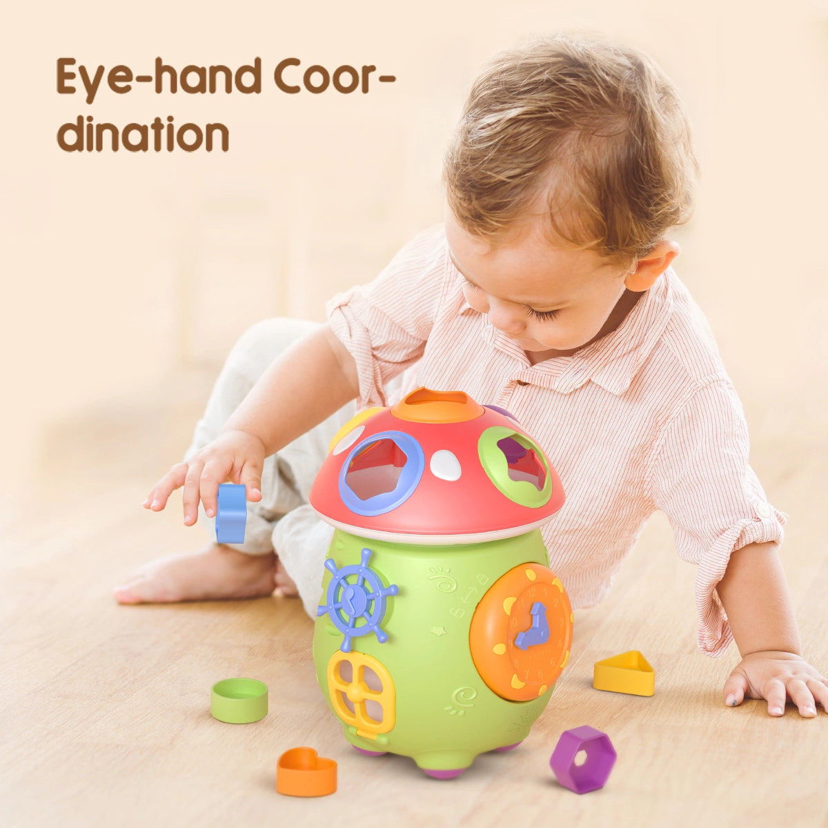 A toddler playing with a colorful mushroom-shaped musical shape sorter toy, placing geometric blocks into matching holes. The toy encourages eye-hand coordination, fine motor skills, and early shape recognition in a fun, interactive way.