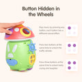 Close-up of a hand interacting with a colorful mushroom-shaped baby toy that features hidden sound buttons in the wheels. The image explains how pressing one, two, or three buttons plays different sounds such as music, a traffic whistle, or baby crying and laughter. Fun and educational toy for sensory and auditory development.