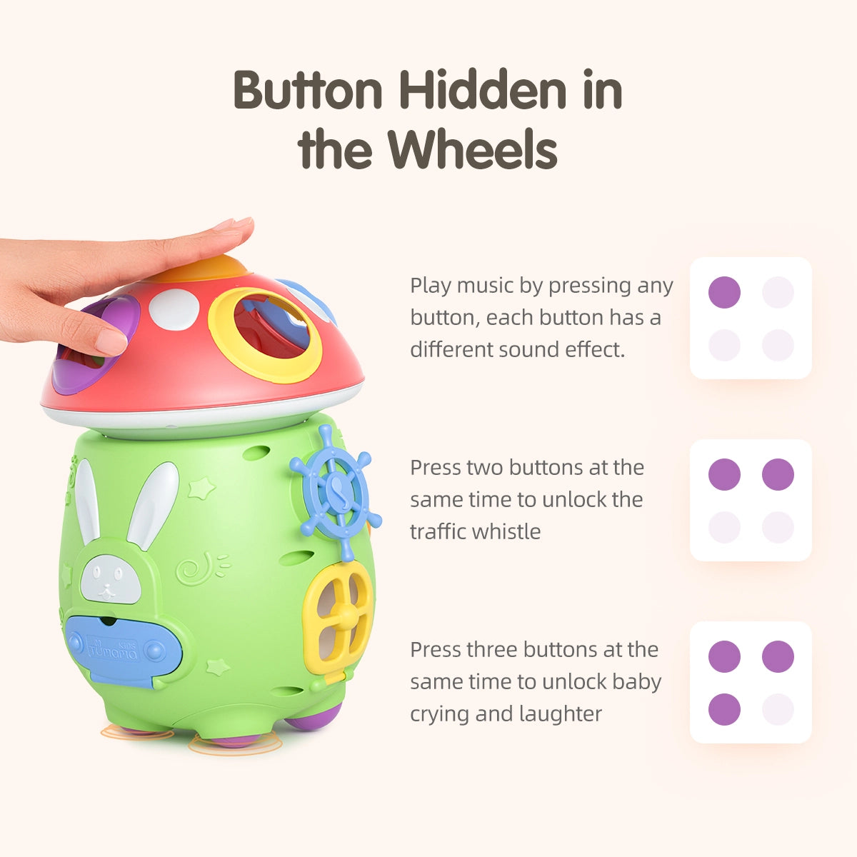 Close-up of a hand interacting with a colorful mushroom-shaped baby toy that features hidden sound buttons in the wheels. The image explains how pressing one, two, or three buttons plays different sounds such as music, a traffic whistle, or baby crying and laughter. Fun and educational toy for sensory and auditory development.