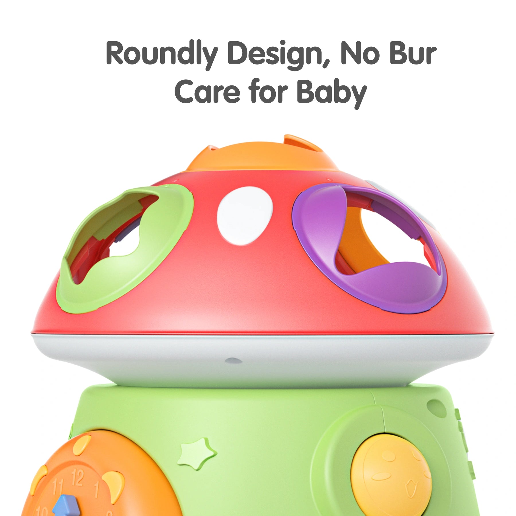 Close-up of the mushroom-shaped baby toy highlighting its smooth, rounded design with colorful shape-sorting holes. The toy features a burr-free surface to ensure it’s safe and gentle for babies to play with.