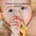 A baby is chewing on a yellow teether attached to a plush giraffe rattle toy, helping with teething relief. The close-up shot shows the baby holding the toy and biting on the textured teether. The text “Teether toys to help baby teething” is displayed at the top.