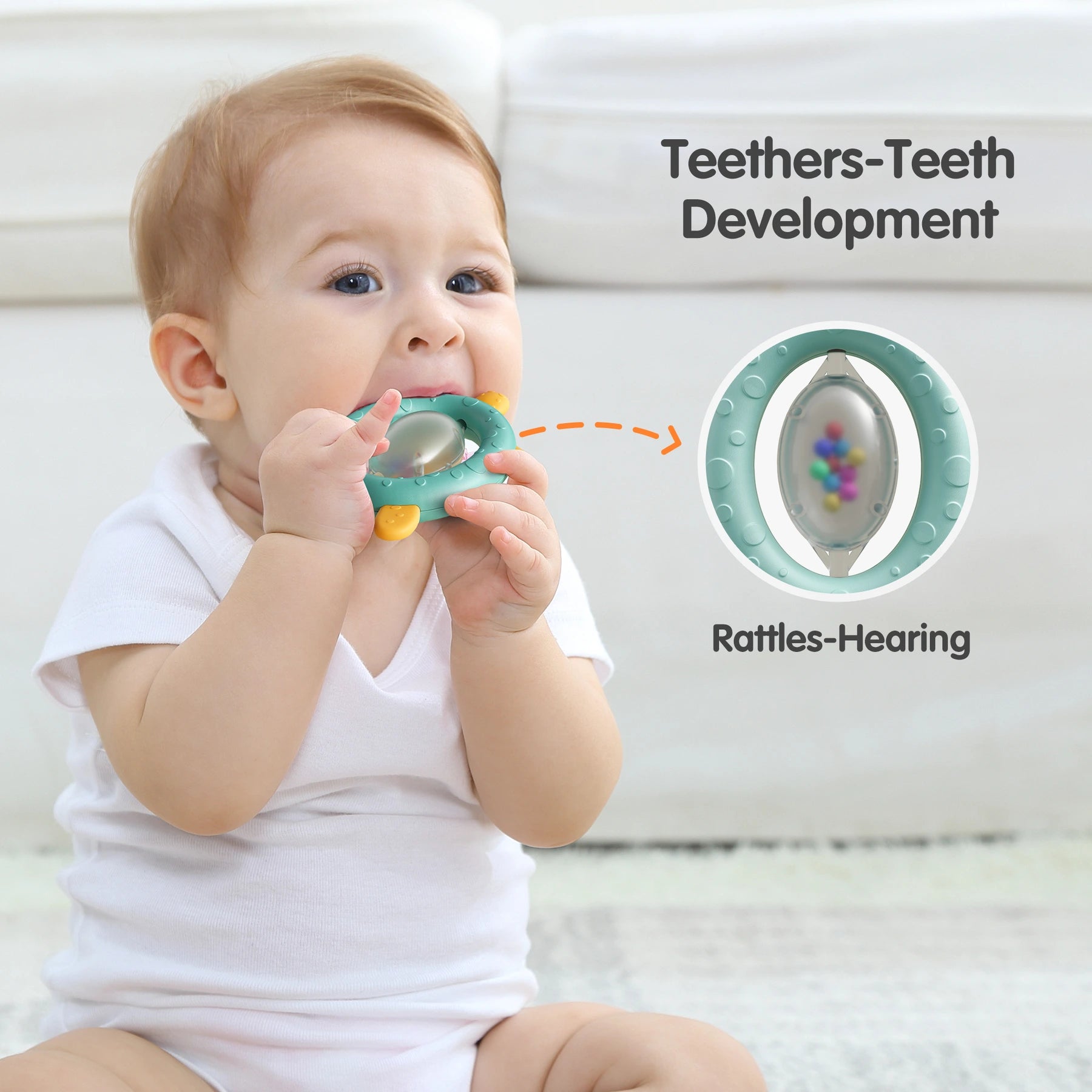 Baby sitting on a soft surface, holding and chewing on a teal turtle-shaped teether toy with a clear rattle center. An inset close-up highlights the toy's design and colorful beads inside. Text on the image reads “Teethers–Teeth Development” and “Rattles–Hearing,” emphasizing benefits for sensory and oral development.