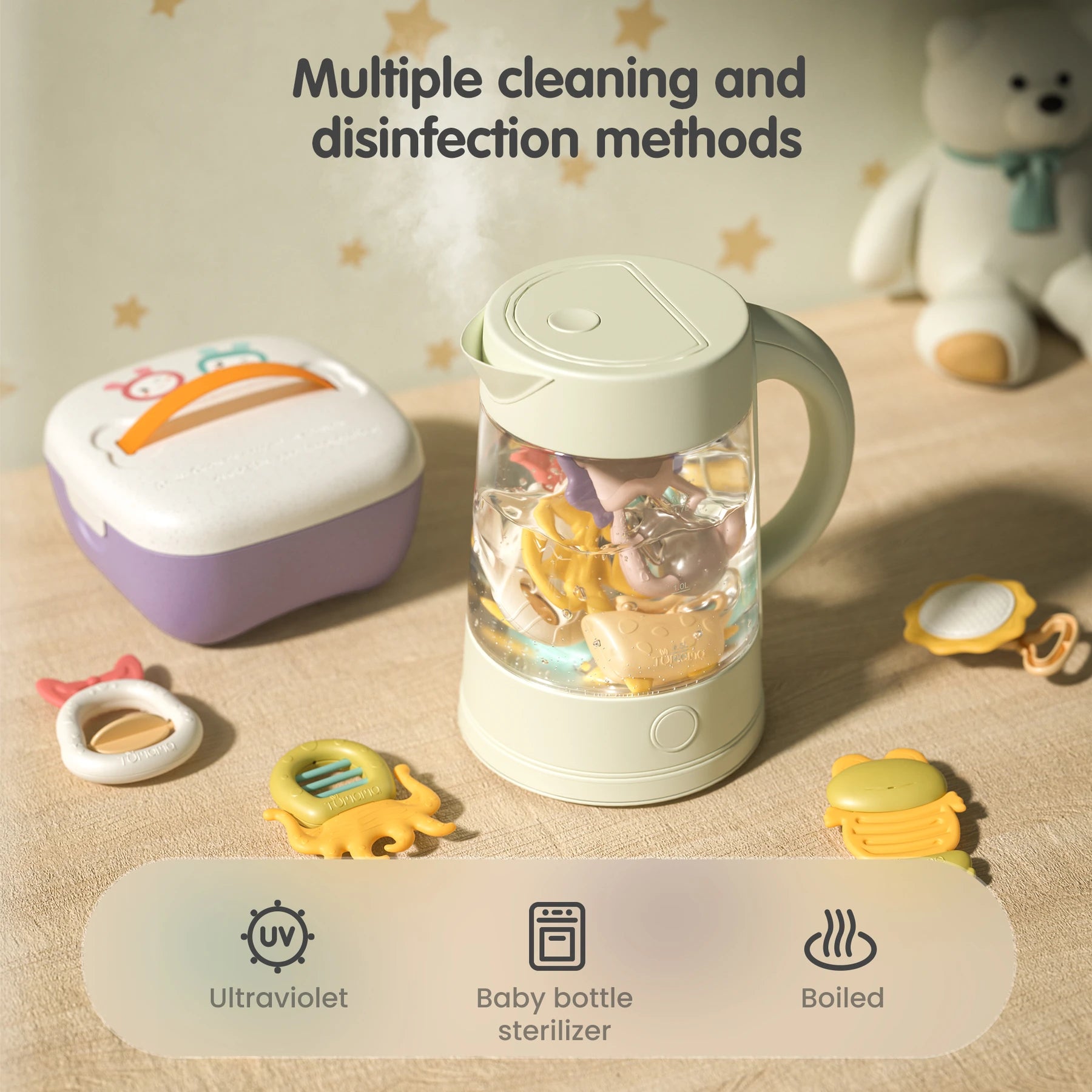 Baby teething toys being sterilized in a boiling kettle on a wooden table. Surrounding the kettle are additional toys and a purple-and-white storage box. Text on the image reads “Multiple cleaning and disinfection methods,” with icons and labels for “Ultraviolet,” “Baby bottle sterilizer,” and “Boiled,” highlighting various safe cleaning options.
