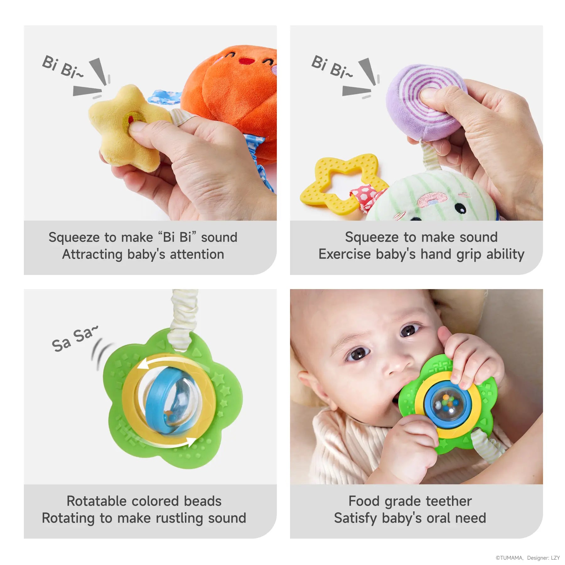 Four-panel display of baby toys: top left shows squeezing a star toy making a “Bi Bi” sound to attract baby’s attention; top right shows squeezing a round toy to make sound, exercising baby’s grip; bottom left shows rotatable colorful beads making a “Sa Sa” rustling sound; bottom right shows a baby using a food-grade teether to satisfy oral needs
