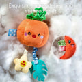Plush orange pumpkin-shaped baby toy with embroidered smiling face, star and leaf attachments, showcasing exquisite embroidered and stitched craft.