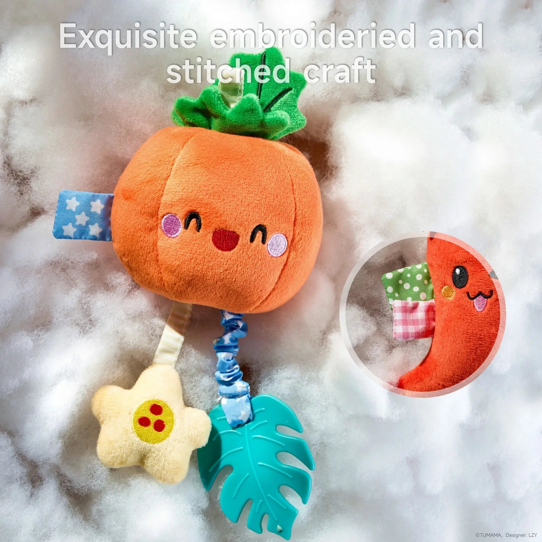 Plush orange pumpkin-shaped baby toy with embroidered smiling face, star and leaf attachments, showcasing exquisite embroidered and stitched craft.