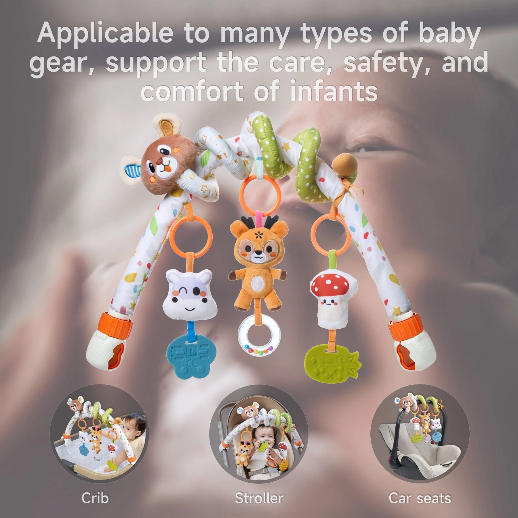 Colorful baby activity arch with plush animal and mushroom toys hanging from adjustable rings, shown attached to crib, stroller, and car seat, highlighting its versatility and support for infant care, safety, and comfort.