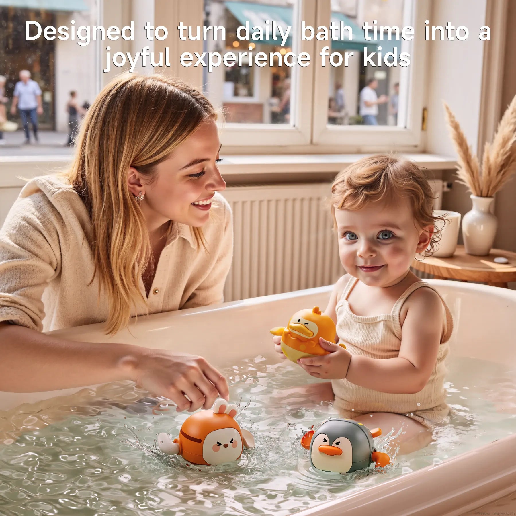 A happy toddler sits in a bathtub playing with colorful wind-up swimming bath toys shaped like a duck, bunny, and penguin, while an mother, smiles and interacts with the child. Text above reads: “Designed to turn daily bath time into a joyful experience for kids.”