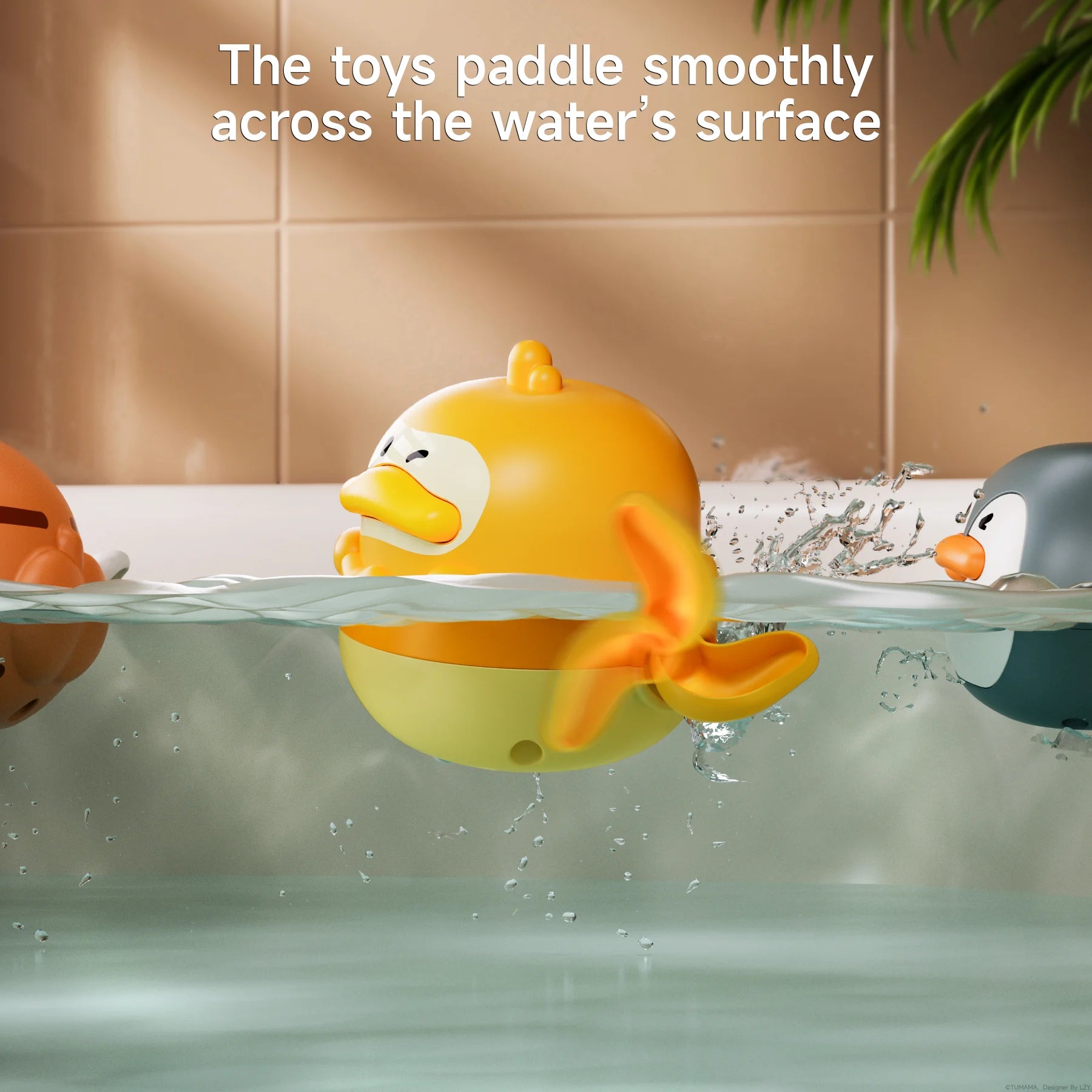 Close-up of three wind-up bath toys shaped like a duck, bunny, and penguin paddling across the surface of bathwater. The yellow duck toy is in focus, with its orange flippers in motion, showing how the toys smoothly glide through the water.