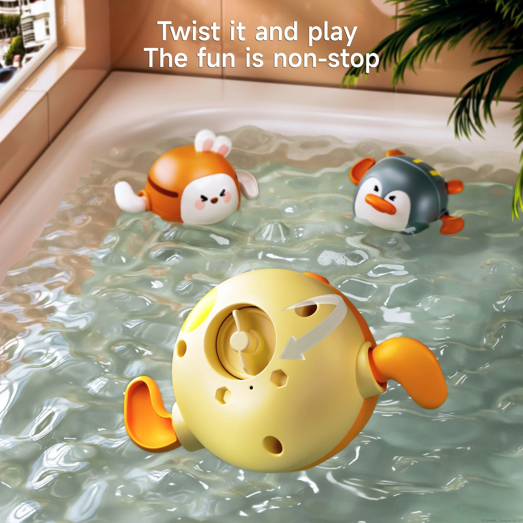 Three wind-up swimming bath toys shaped like a bunny, penguin, and duck float in a bathtub. The yellow duck toy is shown upside down, revealing the wind-up mechanism on its underside with an arrow indicating the twisting direction.