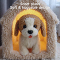 A battery-operated plush toy dog standing inside a soft, furry house, featuring short plush fur and a cute, huggable design.