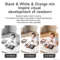 Three side-by-side images of a baby on a white mat interacting with high-contrast black, white, and orange cloth books. The left image shows a black-and-white view labeled 