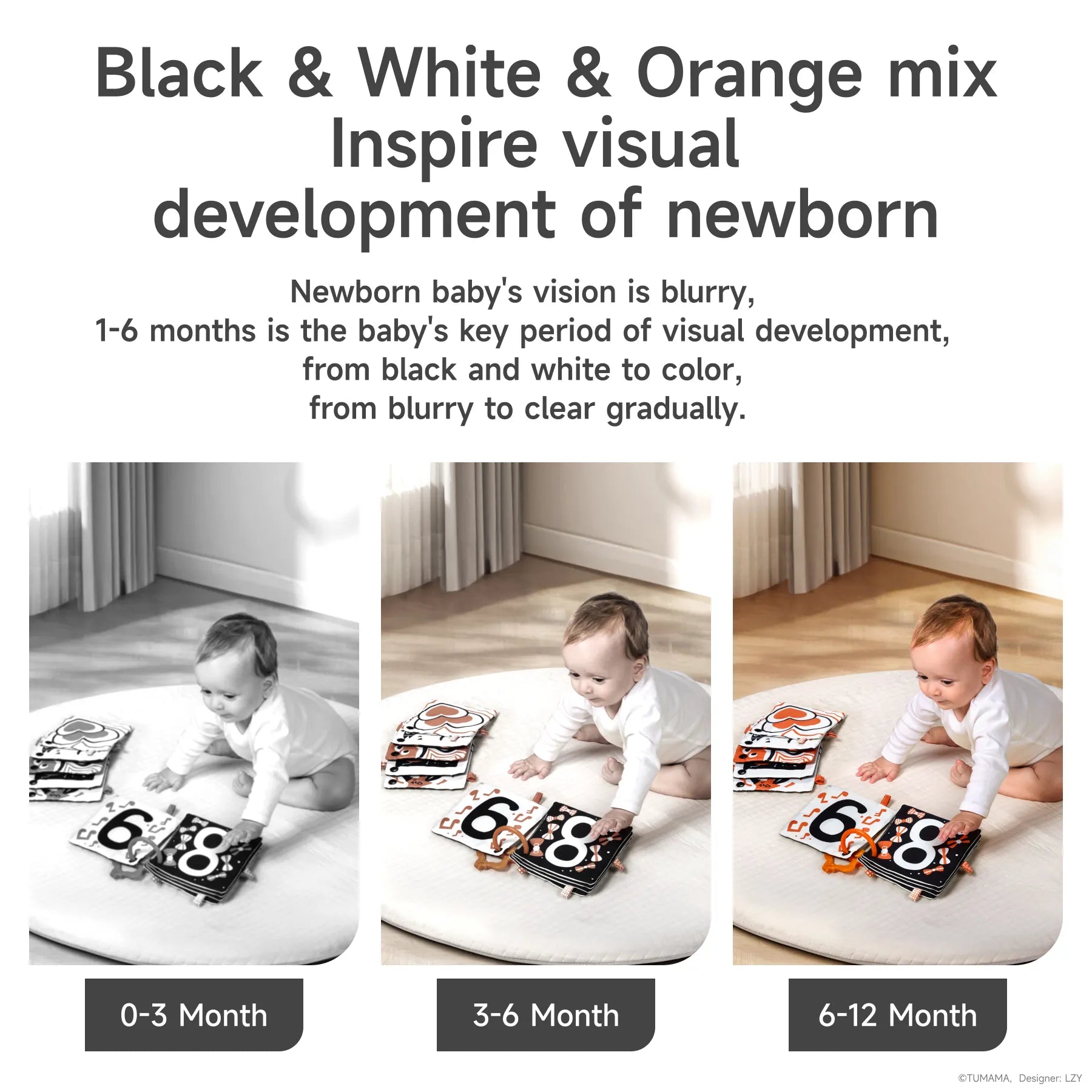 Three side-by-side images of a baby on a white mat interacting with high-contrast black, white, and orange cloth books. The left image shows a black-and-white view labeled "0–3 Month," the middle shows partial color labeled "3–6 Month," and the right shows full color labeled "6–12 Month." Text above reads: “Black & White & Orange mix – Inspire visual development of newborn,” highlighting the progression of a baby’s vision from blurry to clear and monochrome to color.