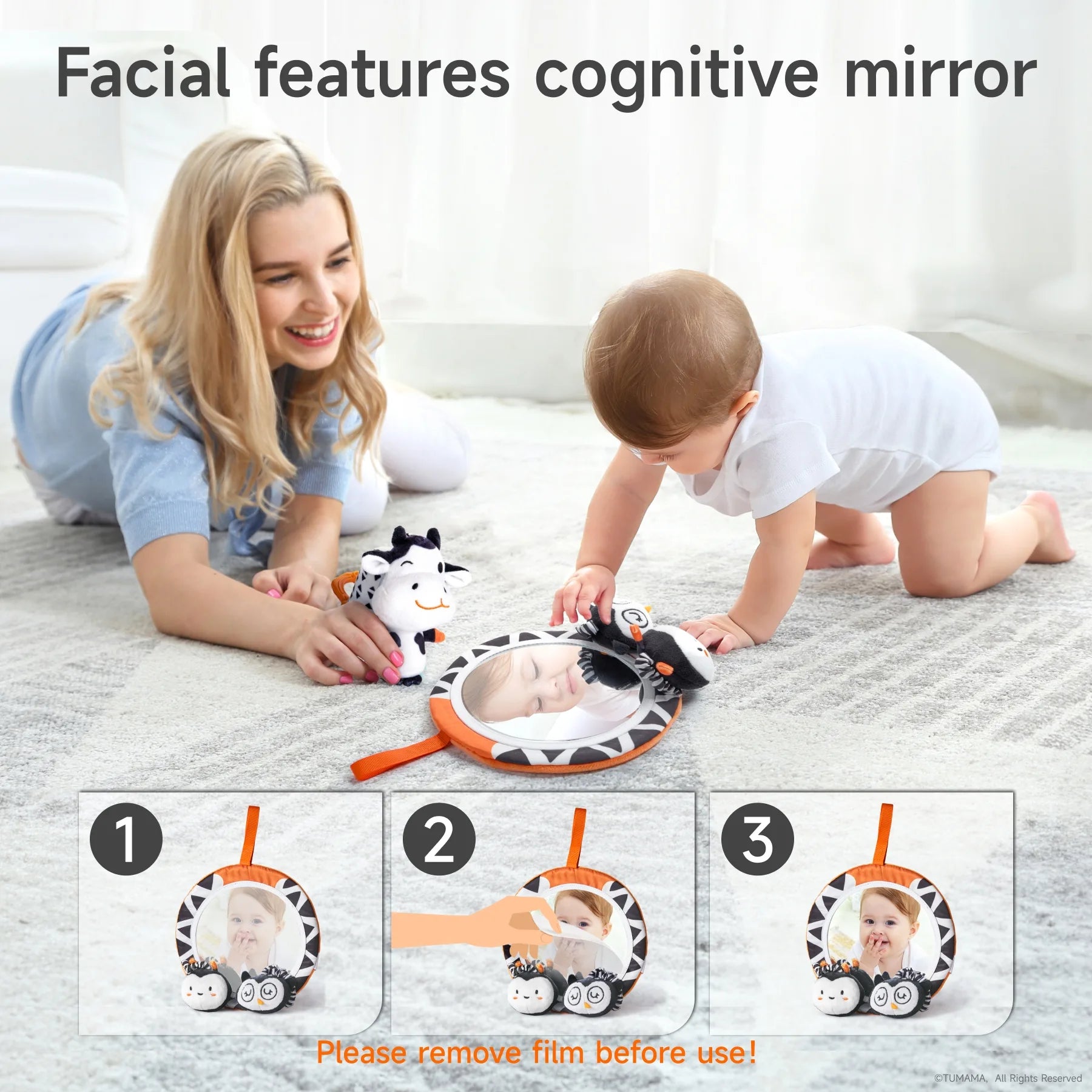 Baby crawling on a carpeted floor while interacting with a soft, high-contrast circular mirror toy with plush owls rattle. A smiling woman lies beside the baby holding a cow plush rattle toy. Text above reads “Facial features cognitive mirror.” Bottom section shows three instructional images demonstrating how to remove the protective film from the mirror for clearer reflection.